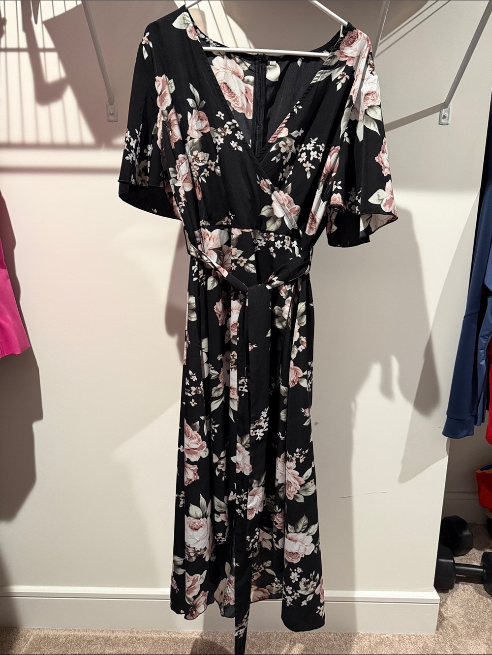 Floral Wrap Midi Dress in Black and Blush